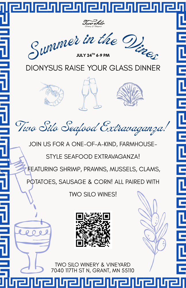 Blue and white seafood dinner event poster with illustrations.