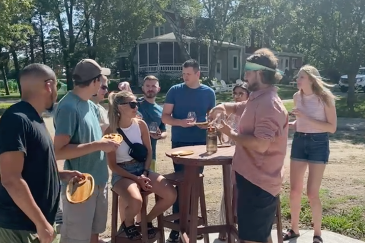 a group of people in a park