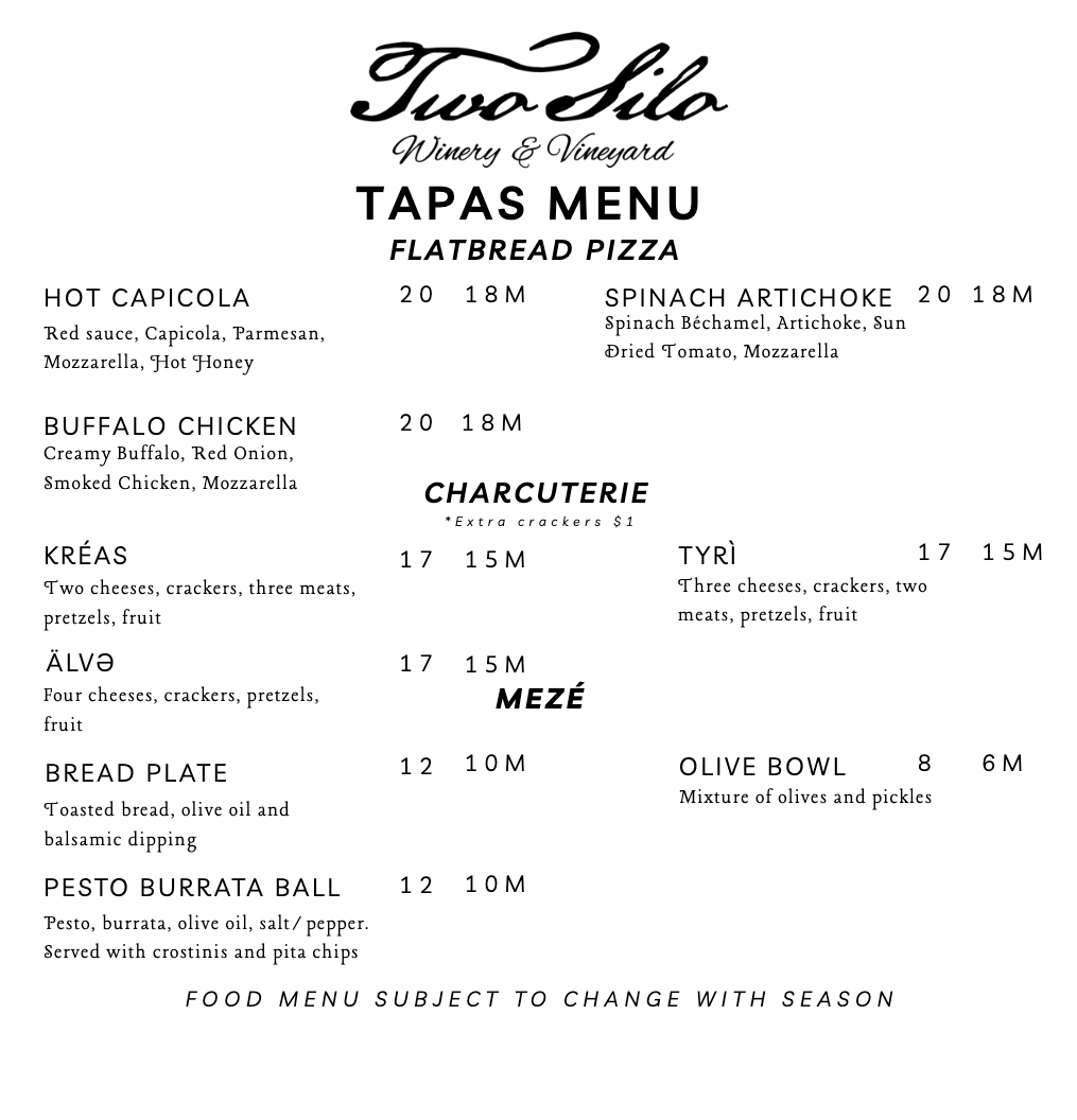 Two Silo Winery tapas menu with flatbreads, charcuterie, mezé, bread plate, pesto burrata, and olive bowl options.