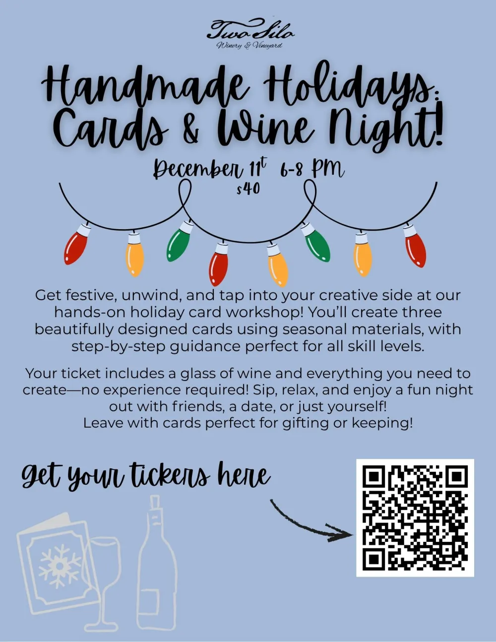Event flyer for Handmade Holidays Cards & Wine Night on December 11th, 6-8 pm, $40, with lights and QR code.