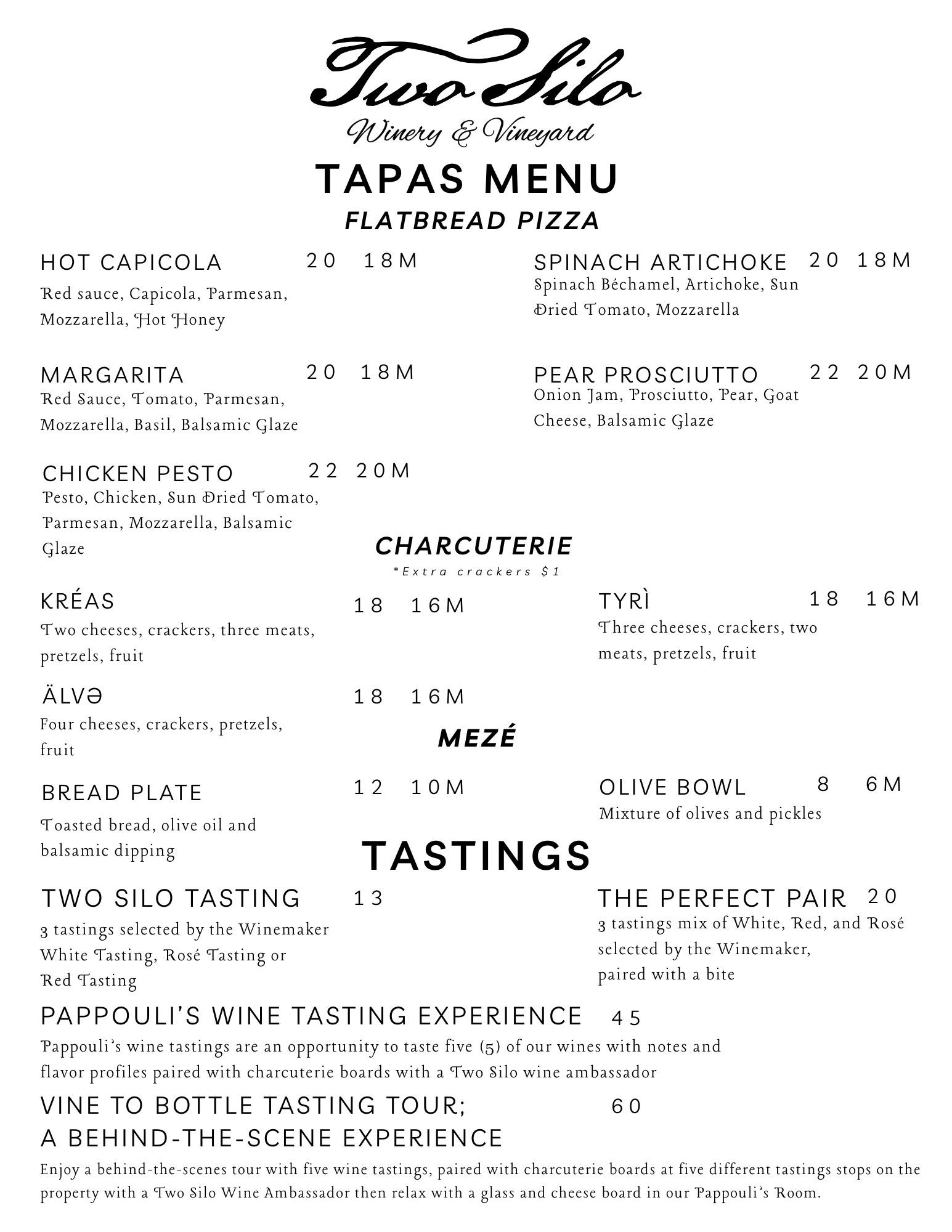 Restaurant menu featuring tapas, flatbread pizza, charcuterie, mezé, tastings, and wine experiences.