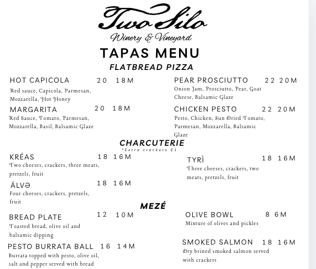 Tapas menu with flatbread pizzas, charcuterie, and mezé items from Two Silo Winery & Vineyard.